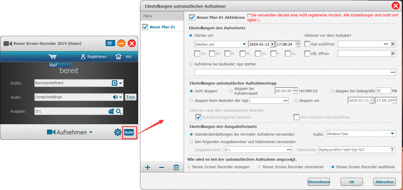 Automatischer Aufnahmeplan in Renee Screen Recorder einstellen