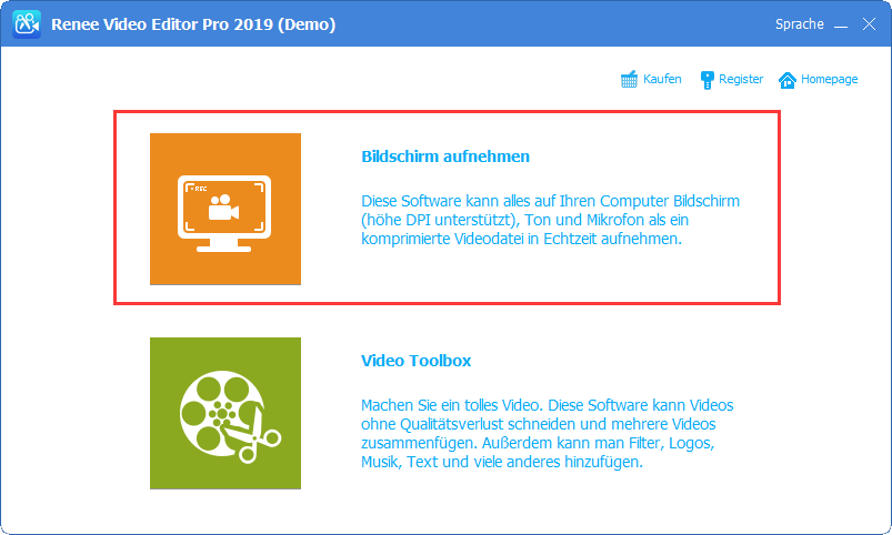 Bildschirm aufnehmen auswählen, um den Desktop in renee video editor pro aufzunehmen