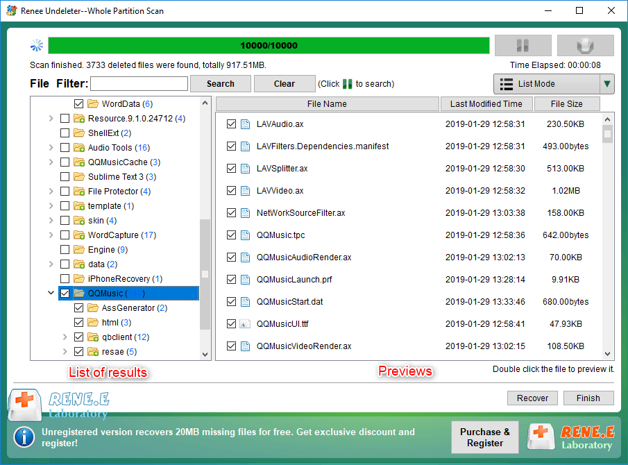 Vorschau der Dateien nach dem gesamten Partitionsscan