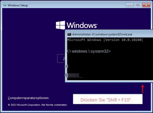 Umschalt + f10 bei der Installation von Windows