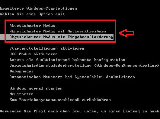 Abgesicherter Modus mit Eingabeaufforderung Windows XP