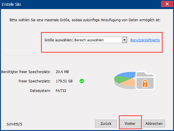 Wählen Sie einen Größenbereich für die virtuelle Festplatte in renee secure silo