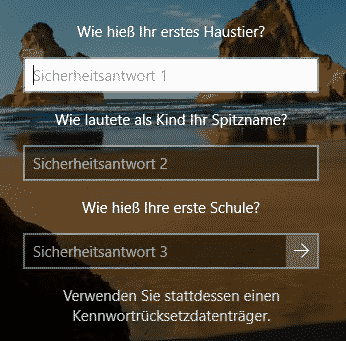 Windows-Sicherheitsfrage beantworten, um das Anmeldekennwort zurückzusetzen