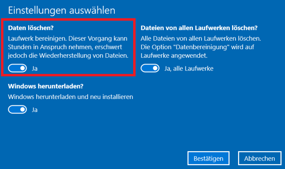 Windows Reset, Daten bereinigen