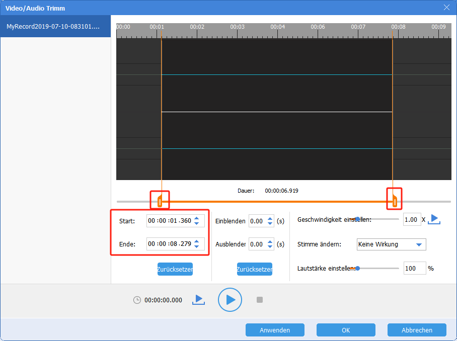 Klicken Sie auf Schnitt in Renee Audio Cutter