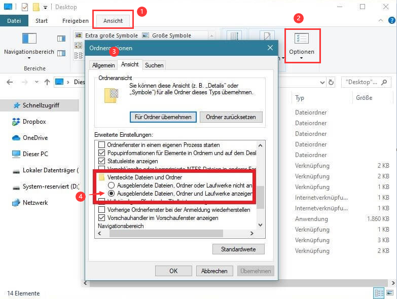 Der Windows-Datei-Explorer zeigt versteckte Elemente an