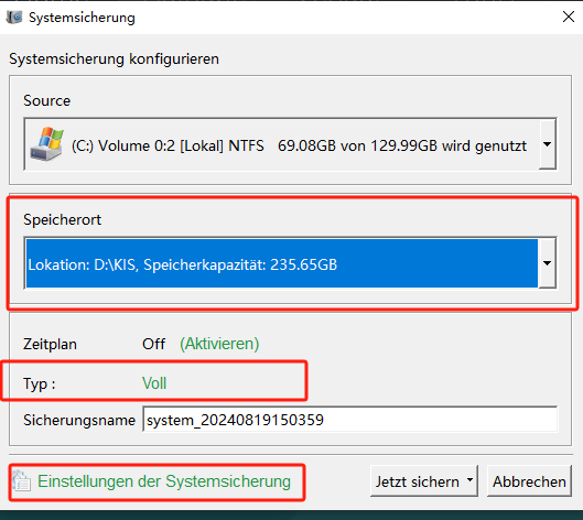 Wählen Sie das Ziel für die Sicherung der Daten